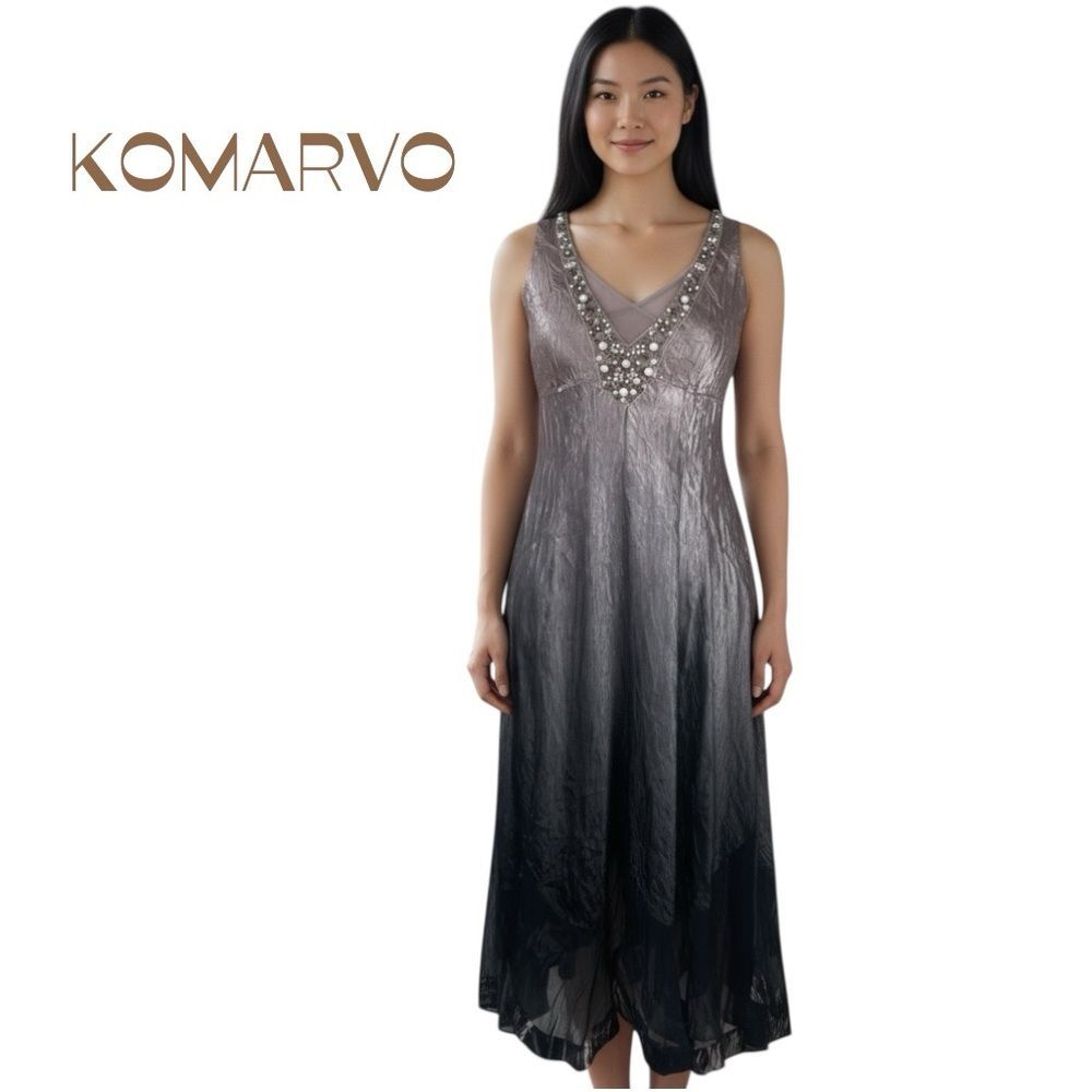 KOMAROV Taupe Satin Beaded Sleeveless Midi Dress Size S